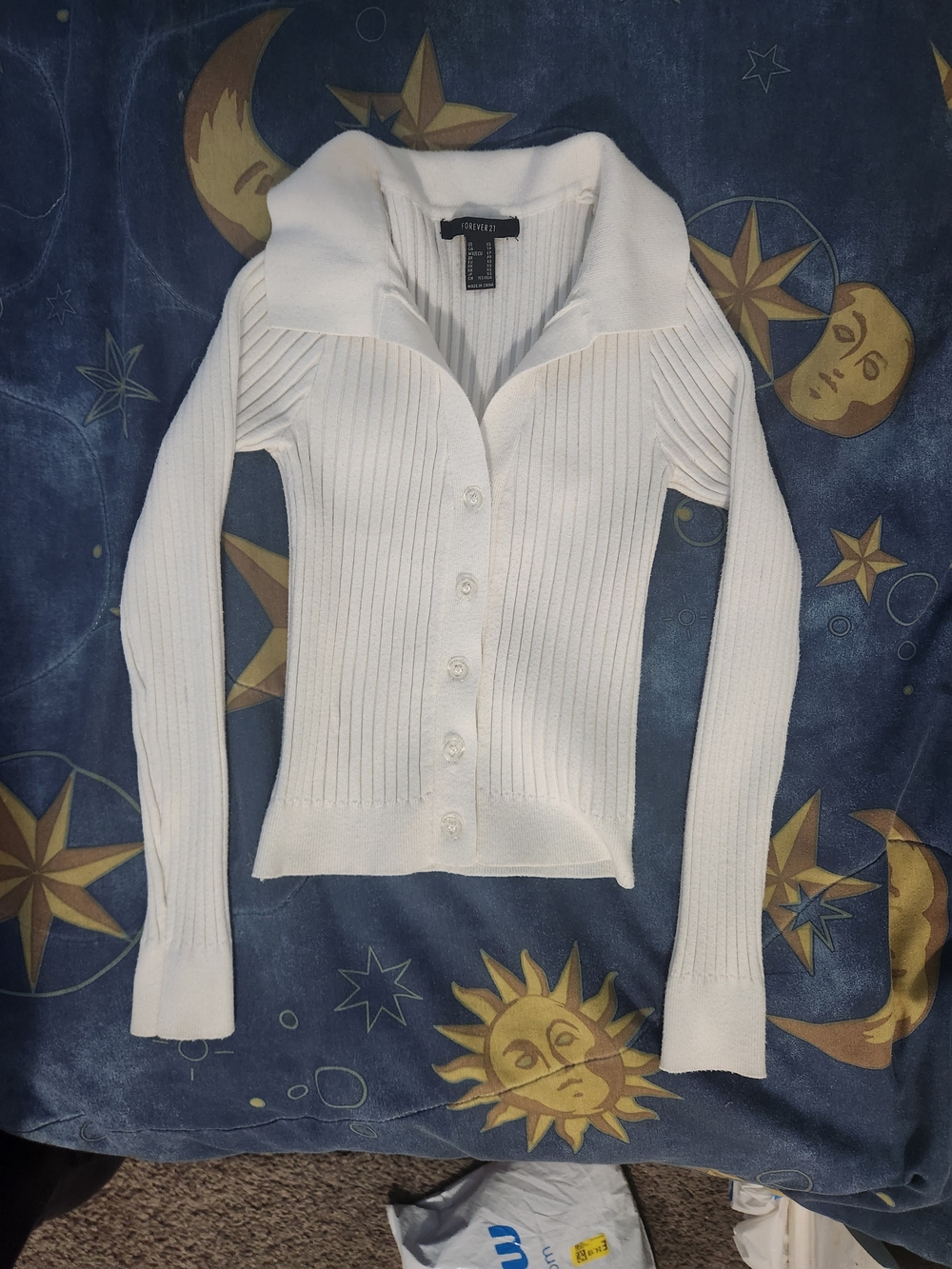 Forever 21 White Ribbed Button-Up Collared Cardigan